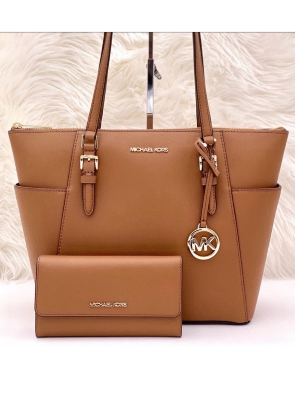 Michael Kors Charlotte Tote Shoulder Bag & Wallet Set Luggage